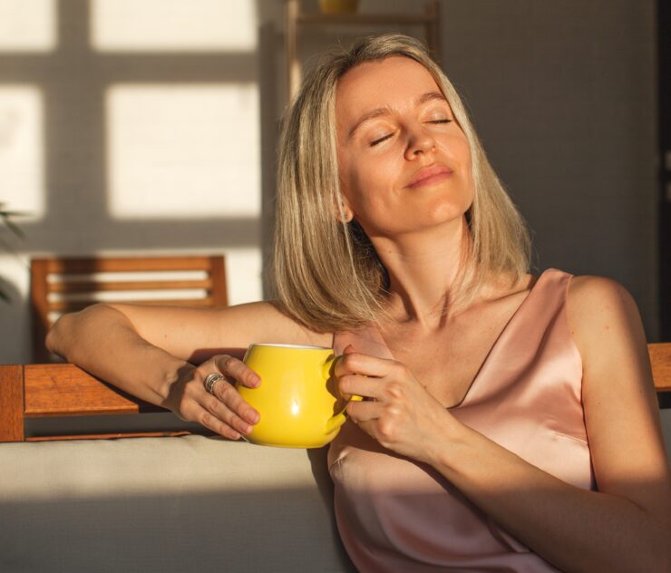 Attractive,Happy,Middle,Aged,Woman,Is,Sitting,On,Sofa,In