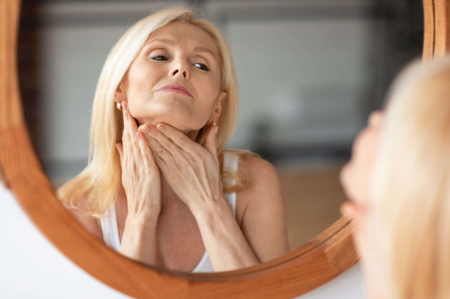 woman, neck, face, neck lift, older woman touching neck